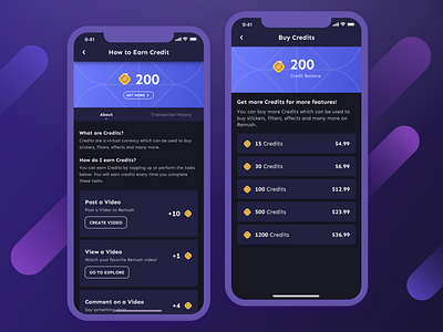 Remush Credits Page achievement app coin credits gamification mobile app points purple rewards ui ux video app