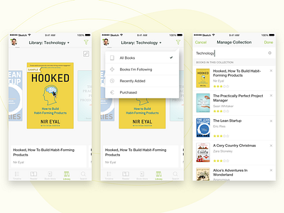 log.os iOS app book carousel collection design filter flat ios library list ui ux