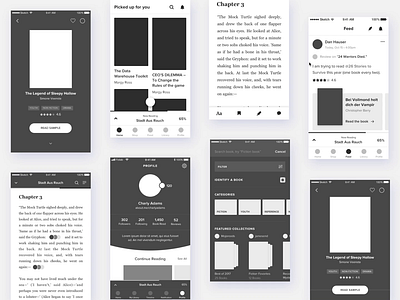 Mojoreads: Wireframes Interaction Design animation book cards explore interaction nav navigation profile reader scroll ui wireframe