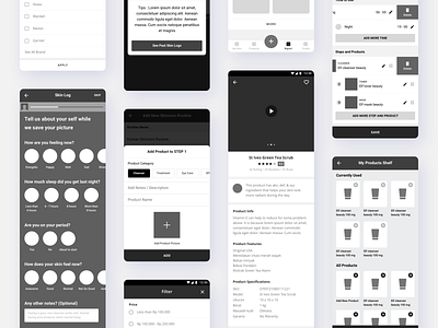 Troveskin: Wireframes app beauty cta delete detail list log modal nav product skin video wireframe