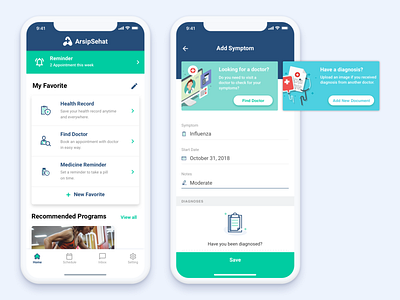 Arsip Sehat: Home & Add Symptom articles cards cta doctor edit empty state favorite form health health record healthcare icons input medical medicine nav navigation notification reminder scroll