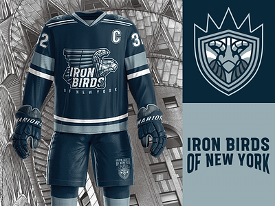 Iron Birds of New York Alternate Marks building chrysler fantasy hockey iron birds jersey metal navy new york new york city silver uniform