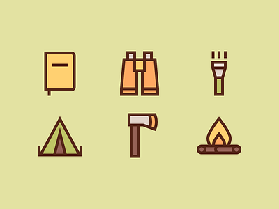 Getting Away from It All binoculars camping exploring fire flashlight hatchet icons notebook tent