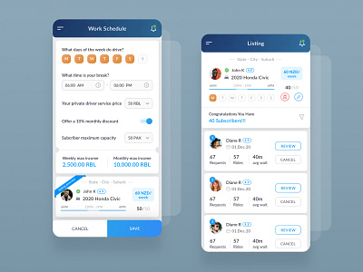 Mobile_App_Listing & Listing_Preview-UI android app cab car booking clean clean dashboard customer drive illustration listing material design minimal mobile ui ui work schedule