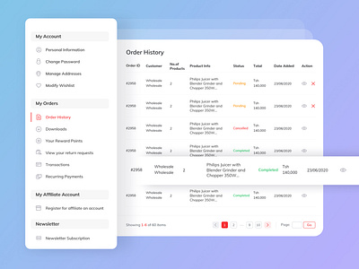 Ecommerce Order History Web App UI clean colors data table flat icons history icon design icons illustration light theme line icons listing minimal navigation navigation menu order history order status orders pagination ui ux