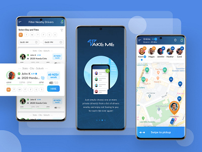 Take Me Cab Booking Mobile App UI android app cab booking cab booking app car logo clean customers dashboard driver app dropshadow google maps illustration listing material mobile app modern