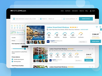 HotelGyms - Hotel Listing clean design filters gym holiday booking holiday cards hotel booking hotel booking app hotel list hotel search icons listing listings material minimal modern room booking ui ux weather