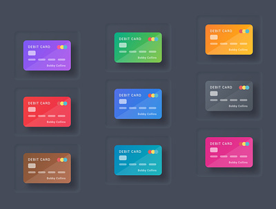 Debit Cards - Dark Theme card icons cards cards design clean colors credit cards dark theme debit cards design icons illustration minimal modern ui uiux ux vinodkumarpalli