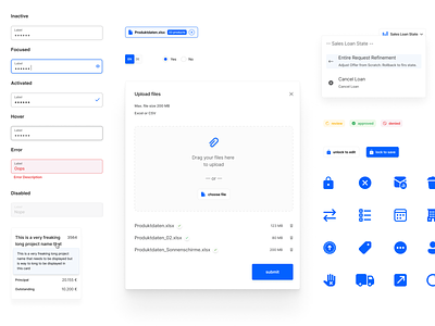 Designsystem for a FINTECH 💎 badge cards design dashboard design design system designsystem error state file upload focused state inputfield languageswitch states upload