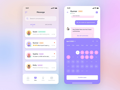 Chatbot Concept • Book A Nutritionist animation app appointment book booking calendar chat design interaction interaction design messenger minimal mobile product product design schedule ui ux