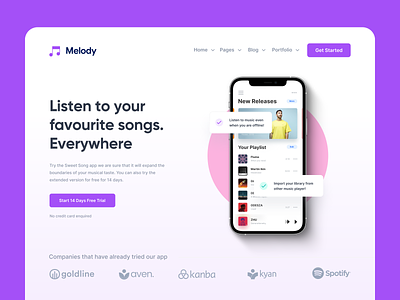 Music App Landing Page app branding clean colorful design inspiration landing page minimal mobile music pink purple streaming typography ui web website