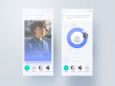 Relacio Contact Management blur bubbles cards circle circles contact contact book contact management design dragging groups interface overlay rings swipe tinder translucence ui ux