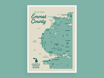 Emmet County Map illustration map michigan postcard