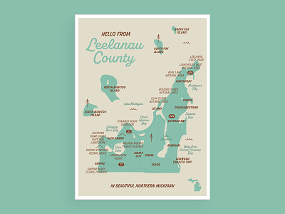 Leelanau County Map illustration leelanau map michigan postcard