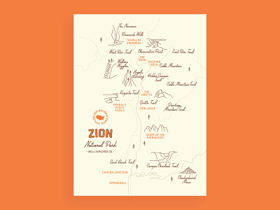 Zion National Park Map illustration map national park postcard print utah zion