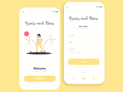 Roots and Bees dailyui dailyuichallenge gradient illustration mobile signup ui