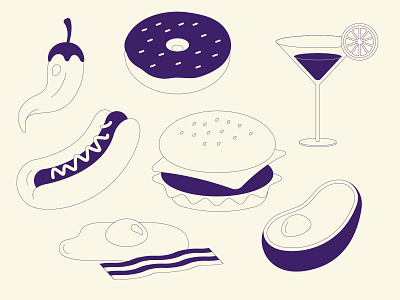 Serve Illustrations avocado bacon burger chilli cocktail doughnut egg food greige hotdog illustration illustrator line organic simple vector