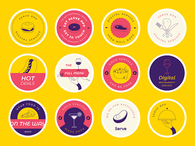 Serve Stickers app avocado badge branding burger circle coasters deliveroo delivery design food illustration pattern purple red round stamp stickers uber yellow