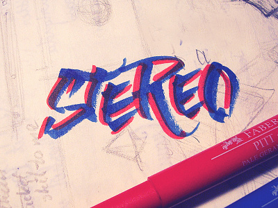 STEREO 3d artist blue brush calligraphy colours lettering pen red stereo