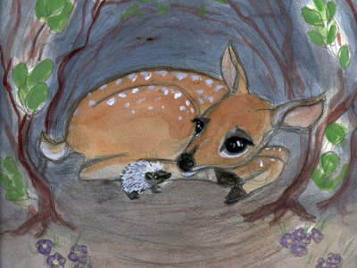 Lost in the Woods animals deer forest hedgehog painting watercolor