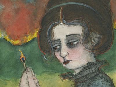 Waiting in the Ashes 19th century character design design elements fire illustration illustration art portrait painting victorian watercolor