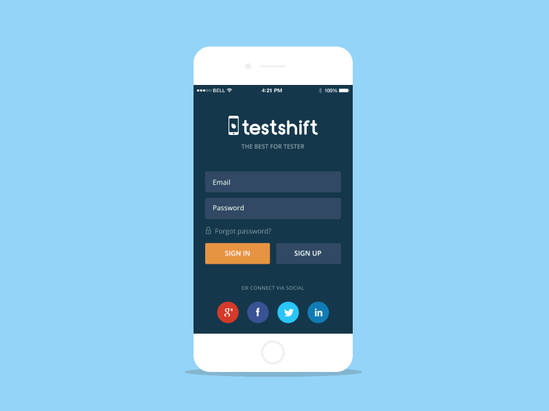 Tester App app home login screen social tester ui ux
