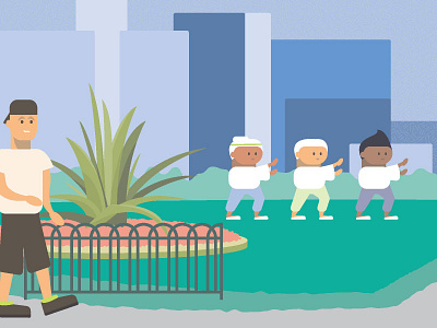 Everybody Do Tai Chi animation characters city illustration park path skyscrapers tai chi walking yucca