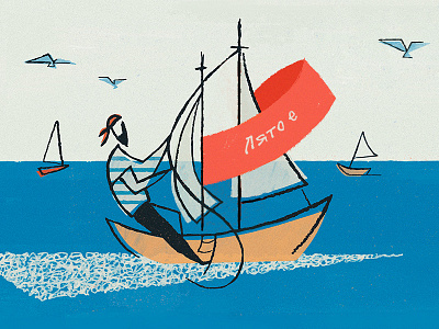 Summer is coming blue brush card illustration sailor sea stroke summer vintage
