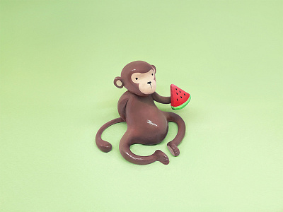 Monkey & Watermelon clay colorful design green handmade illustration miniature monkey sculpture watermelon