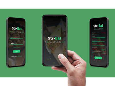Str-Eat App UI - Splash Screen, Login/Sign-up branding design figma graphic design human computer interaction illustration logo mobile app ui user research ux