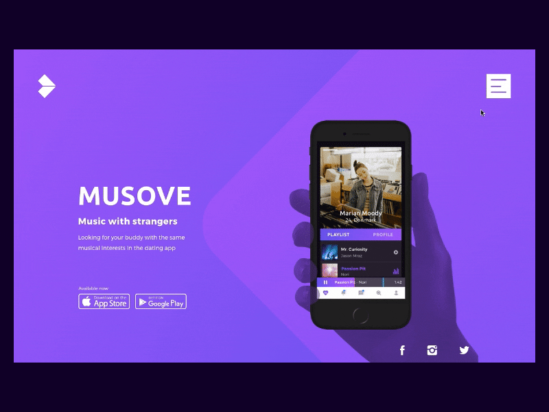 MUSOVE (Dating app) - Landing page dating flinto landing page mobile app design music phatnguyen ui