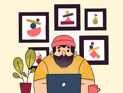 Working dude beard character desk freelance full remote illustration plant procreate télétravail