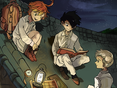 Emma, Ray and Norman from The Promised Neverland anime app design emma fanart illustration krita norman raster art ray thepromisedneverland tpn