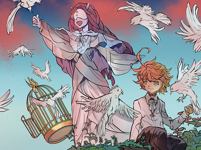 Mujika and Emma from The Promised Neverland anime app design emmatpn fanart illustration krita raster art tpn