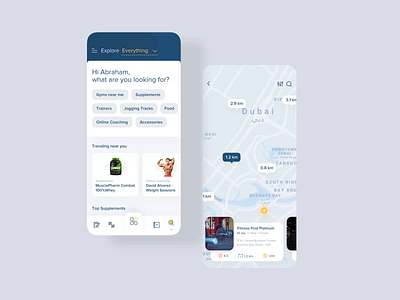 Fitness App | Discover Near You animation app design discover explore fitness google maps gym interaction ios map minimal mobile product design search supplements tags trending ui ux