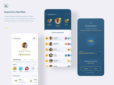 Aero Fitness | Gamification achievements animation clean experience game games gamification illustration interaction ios leaderboard minimal mobile points product design qrcode redeem score ui ux