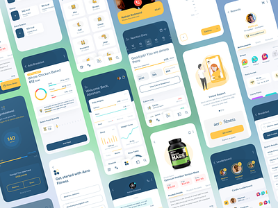 Aero Fitness Mobile App UI/UX Design branding buy calendar call clean ecommerce exercise fitness gamification icon identity illustration login logo marketplace meals messaging minimal points signup