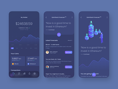 Qoinstack - Crypto Wallet Mobile App Design app app icon banking bitcoin blockchain clean crypto cryptocurrency cryptowallet dark dark ui exchange finance forecast gradient illustration ios isometric mobile payment