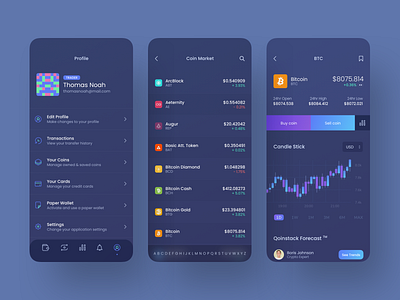 Qoinstack - Crypto Wallet Profile and Market analytics app banking bitcoin blockchain credit card crypto crypto wallet cryptocurrency dark dark ui ecommerce ethereum finance forecast gradient illustrations market mobile payment