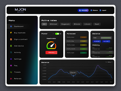 MoonMining dashboard (Cloud mining) analytic cloudmining crypto cryptocurrency dashboard design figma it logo mining moon research space ui ux webdesign