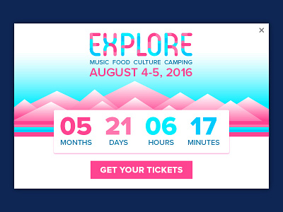 UI Challenge #1 - Countdown 2d blue branding dailyui design festival fun lettering mountains pink ui