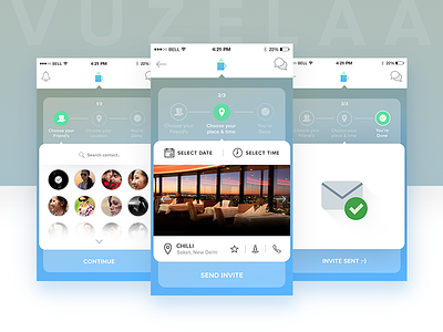 Vuzelaa - Invite Screens app app design booking flat design invite ios app social app step ui user experience user interface
