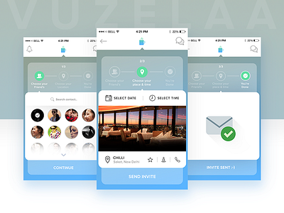Vuzelaa - Invite Screens app app design booking flat design invite ios app social app step ui user experience user interface
