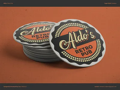 Aldo's Retro Pub - Paper drink coasters / V2 badge bar beer beerfest branding brewery coaster design drink graphic design illustration logo portfolio pub retro texture typography vector vintage