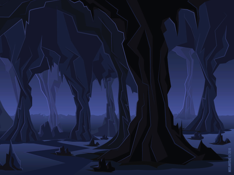 Fantasy forest meelantche rock trees dark environment forest kiss hero digital art game design illustration