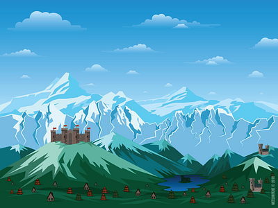 Mountains castle clouds dribbble environment flag ice illustration lake landscape meelantche mountains vector