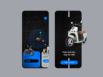 eScooter App Dark Mode app bike booking clean dark mode electric interaction interface ios map minimal mobile rent scooter sharing ui ux visual design