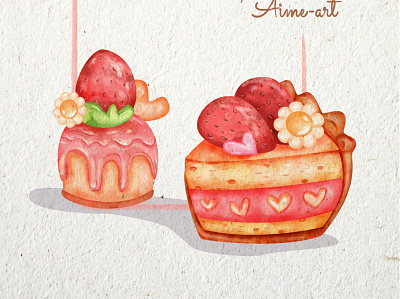 My lovely pie watercolor adorable café cake dessert digital art element gift illustration love painting pie pink strawberry sweet valentine valentines day watercolor
