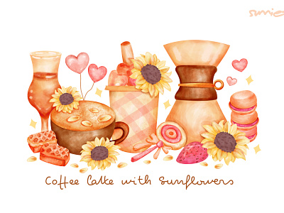Coffee latte with sunflower aesthetic arts coffee cute digital painting drinks illustration latte painting sunflower watecolor watercolor painting