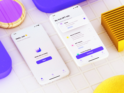 NFSITE app to create site for NFT collection 3d 3d animation animation app cinema4d concept design illustration interaction mobile mobileapp motion graphics ui ux violet yellow